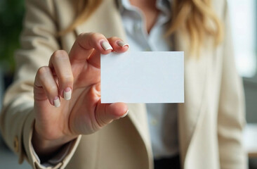 Fototapeta premium Woman holding blank business card on the blurred office background. Business card mockup