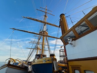 Ropes stretched across the masts of an old ship