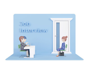 3DCG｜面接官の質問に答えるスーツ姿の若い日本人女性