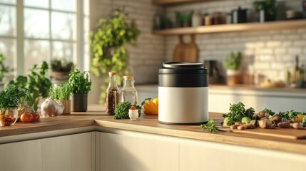 Compact kitchen countertop features innovative waste-free container with fresh ingredients and herbs