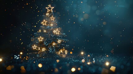 A Christmas tree made of stars and glowing ornaments on a dark background. Magical and ethereal ambiance, artificial lighting.