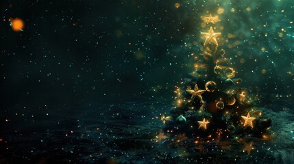 A Christmas tree made of stars and glowing ornaments on a dark background. Magical and ethereal ambiance, artificial lighting.