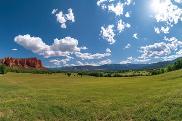 Obraz premium Panoramic landscape, Alpine meadow Vibrant green grass Snow-capped mountains