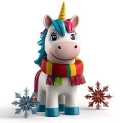 Naklejka premium Colorful Cartoon Unicorn Wearing a Rainbow Scarf with Snowflakes, Smiling Joyfully