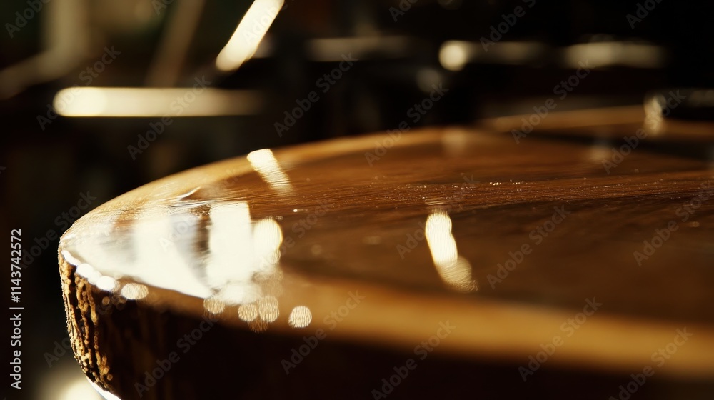Poster close-up view of polished wooden edge showcasing natural sheen and texture highlighting craftsmanshi