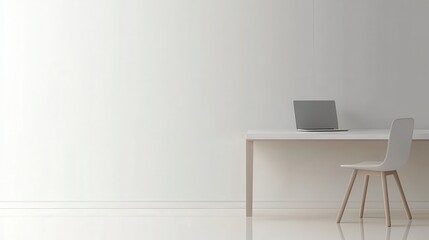 A minimalist vector home office with space on the right side for text, featuring a sleek desk, modern chair, and a laptop with clean lines. 
