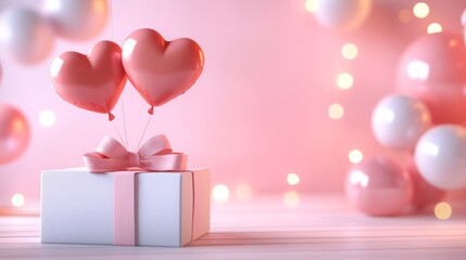 Romantic gift box adorned with heart balloons in soft pink setting