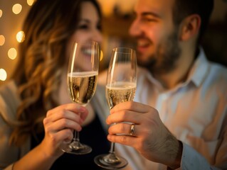 A couple toasting with champagne to celebrate their engagement, capturing a joyful moment. Soft, warm lighting.