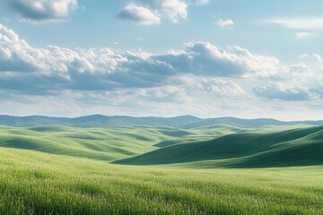 Fototapeta premium Panoramic landscape rolling green hills misty mountains blue sky fluffy white clouds