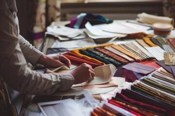 A designer examining fabric swatches at a worktable, focused and detailed. Soft indoor lighting.