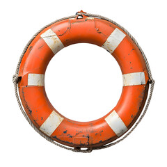 Orange Life Preserver Ring Isolated on White Background, Rustic Nautical Safety Equipment