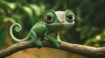 Adorable cartoon chameleon perched on a branch.