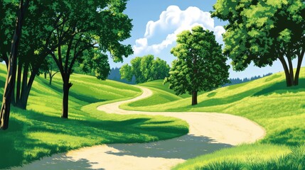 A peaceful vector forest trail with empty space at the top for text, showcasing a winding path through lush greenery, tall trees with dappled sunlight, and a serene atmosphere perfect for nature 