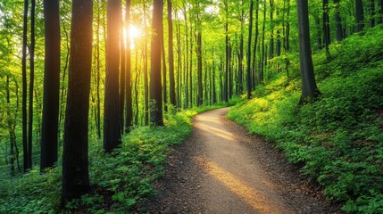 Fototapeta premium A peaceful vector forest trail with empty space at the top for text, showcasing lush greenery, towering trees, and a winding path. 