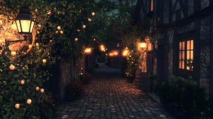 A quiet street illuminated by vintage lanterns casting a soft glow on the cobblestone path