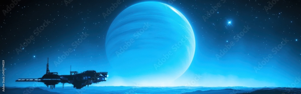 Poster Floating structure in an enchanting celestial landscape with a giant planet and starry sky