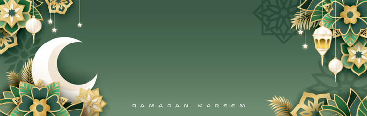 Islamic festival poster background design with flower, arabic calligraphy, crescent moon and lantern. Suitable for Ramadan Kareem, Hari Raya, Eid Mubarak, Eid al Adha. © Graphicstore
