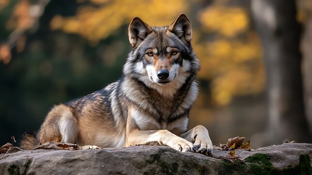 Majestic Grey Wolf Resting on Rock. Wildlife, Nature, Animal Portrait.