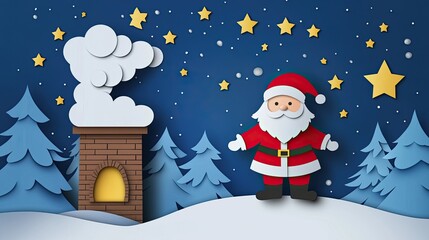 Naklejka premium Stylized Santa in a papercut design, standing by a chimney with a starry winter sky above.