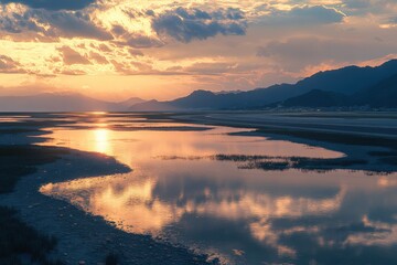 Panoramic sunset landscape winding coastal highway dramatic cloudy sky