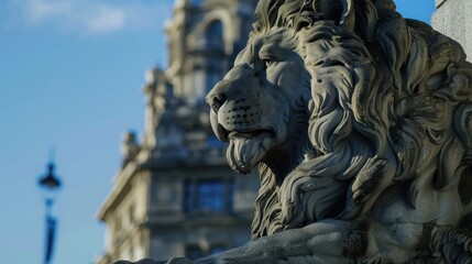 A giant stone lion guarding a city, symbolizing strength and protection. Bright, natural lighting.