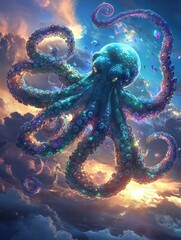 Enormous flying octopus with glowing, glass-like tentacles spiraling gracefully through a vibrant skyscape. Generative Ai