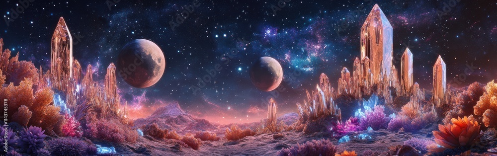 Poster ethereal landscape on a distant planet bathed in cosmic light with vibrant flora and towering crysta