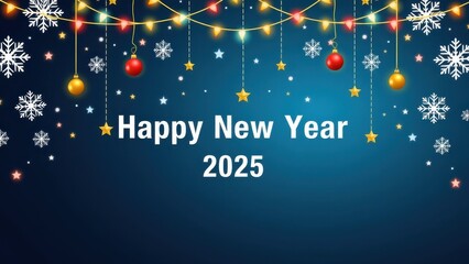 A festive scene of snowflakes and bright yellow lights against a dark blue backdrop, surrounded by the message "Happy New Year 2025"
