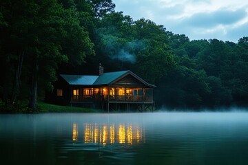 Obraz premium Secluded Lakeside Cabin Retreat in the Misty Twilight Forest