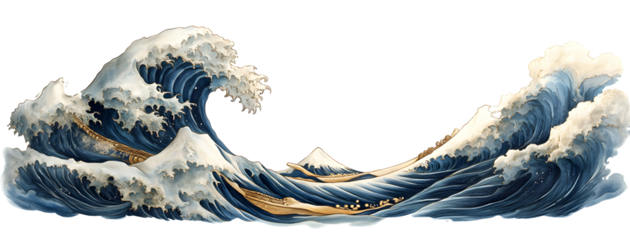 Ocean Wave Art, Blue Water Crashing, Mount Fuji, Transparent Background