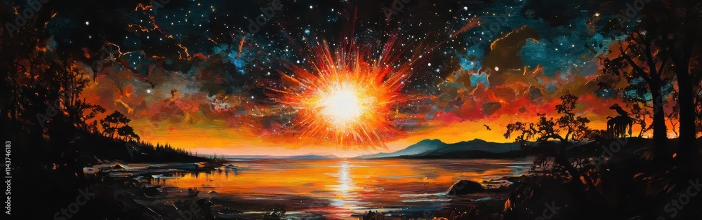Poster artistic representation of a vibrant supernova illuminating a cosmic landscape at twilight