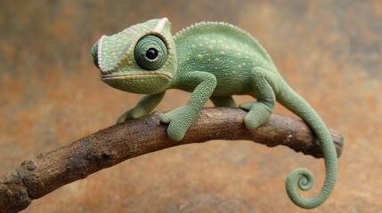 Fototapeta premium Close-up of a small green chameleon perched on a branch.