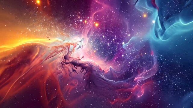 The nebula showcases a mesmerizing blend of orange, purple, and blue hues illuminated by countless bright stars, revealing the dynamic nature of the cosmos.