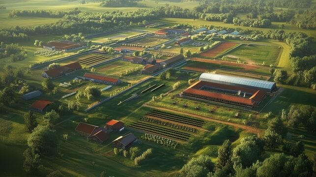 Poultry farm viewed from above showcasing various sections of the agricultural complex and lush surrounding landscape