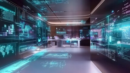 A vibrant vector augmented reality workspace with holographic displays, showcasing digital interfaces and 3D models. 