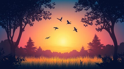 A vibrant vector sunset landscape with empty space at the top for text, showcasing colorful gradients, silhouetted trees, and a serene horizon. Perfect for inspirational quotes or event titles. 