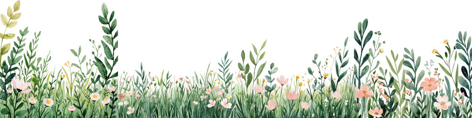 Lush Green Floral Meadow with Blooming Wildflowers and Herbs in Natural Setting