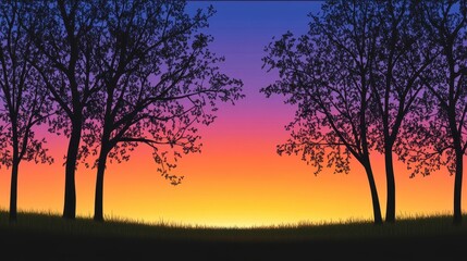 A vibrant vector sunset landscape with empty space at the top for text, showcasing colorful gradients, silhouetted trees, and a serene horizon. Perfect for inspirational quotes or event titles. 