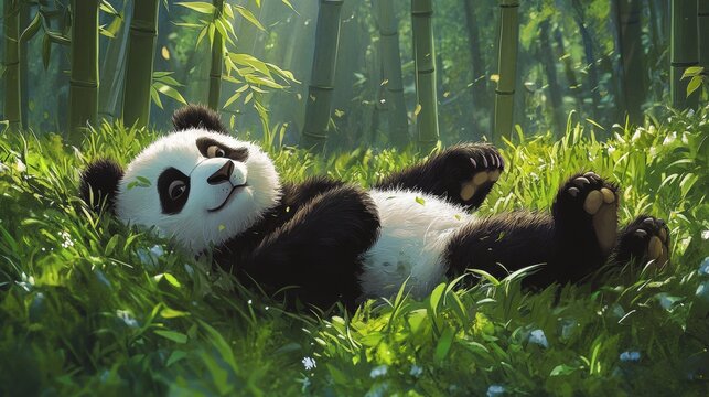 Happy panda relaxing in bamboo forest.