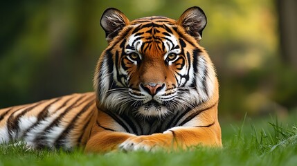 Obraz premium Majestic Tiger in Natural Habitat. Powerful Predator in Lush Green Grass. Wildlife Photography.
