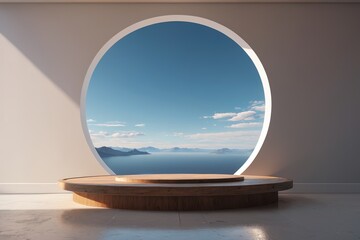 Fototapeta premium there is a circular window in a room with a view of the ocean