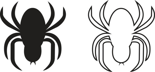 Widow spider icons set in flat and line styles. Deadly venomous spider. Jumping spider vectors illustration. Halloween, spooky and haunted concepts designs elements isolated on transparent background.