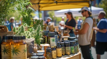 Vibrant farmers market booth showcasing natural products and local crafts during a sunny weekend market