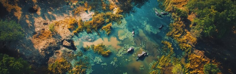 Vibrant drone view of the Okavango Delta showcasing wildlife and lush landscapes at sunrise