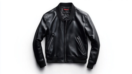 Stylish black leather bomber jacket on a clean background.