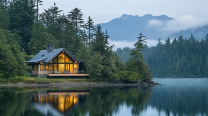 Fototapeta premium Cozy Lakeside Cabin Retreat in Serene Mountain Wilderness at Dusk