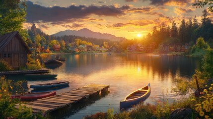 Fototapeta premium Tranquil sunset over a small lake with boats and a picturesque village in the background