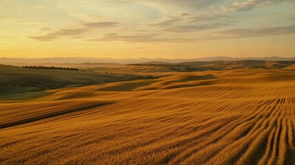 Fototapeta premium Endless fields of golden wheat and corn under a vast sky at sunset in serene rural landscape