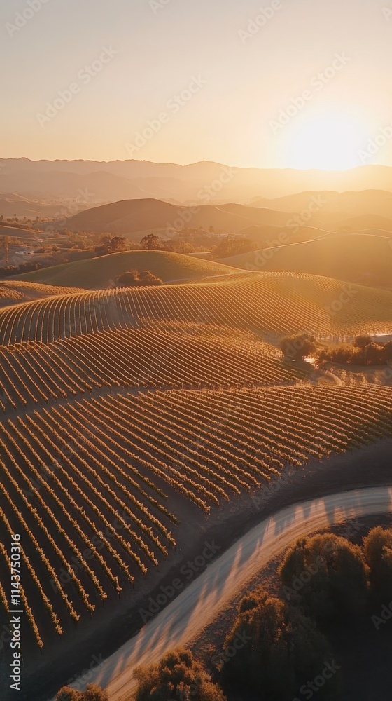 Poster panoramic view of zokrema vineyards at sunset showcasing rolling hills and lush grapevines