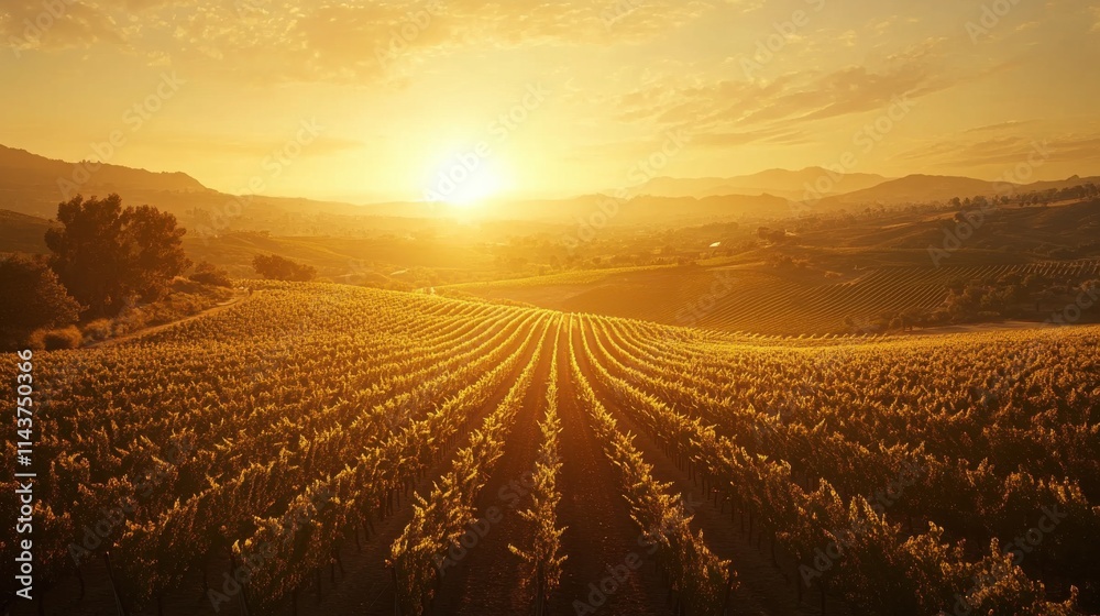 Poster panoramic view of zokrema vineyards at sunset showcasing vibrant colors and lush rows of grapes
